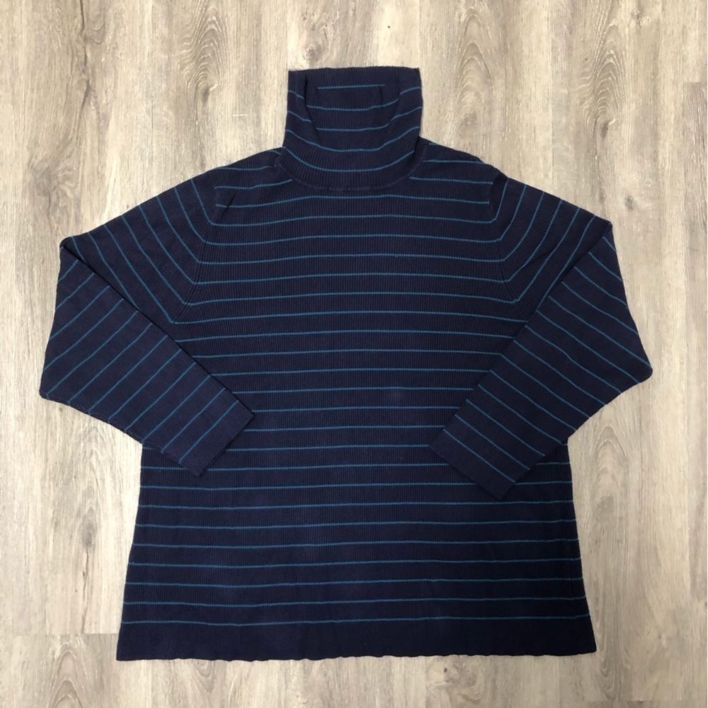 Coldwater Creek Size 3X Turtleneck Sweater Longsleeve Blue Teal Striped Top 3 XL